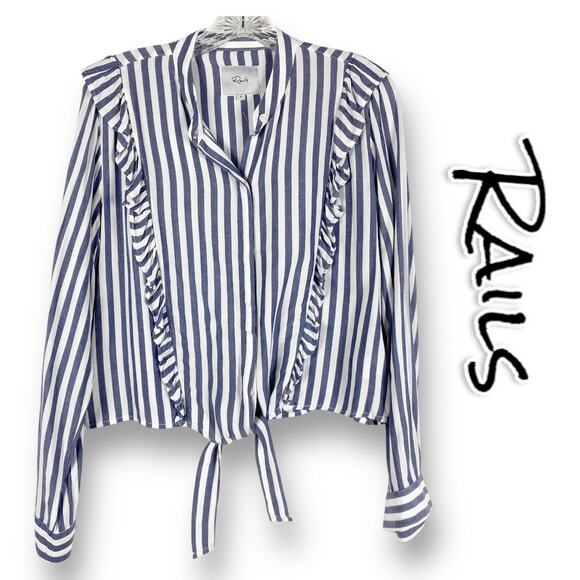 Rails Piper Ocean White Stripe Ruffled Tie Front Button Up Blouse Womens Size S - Picture 1 of 13